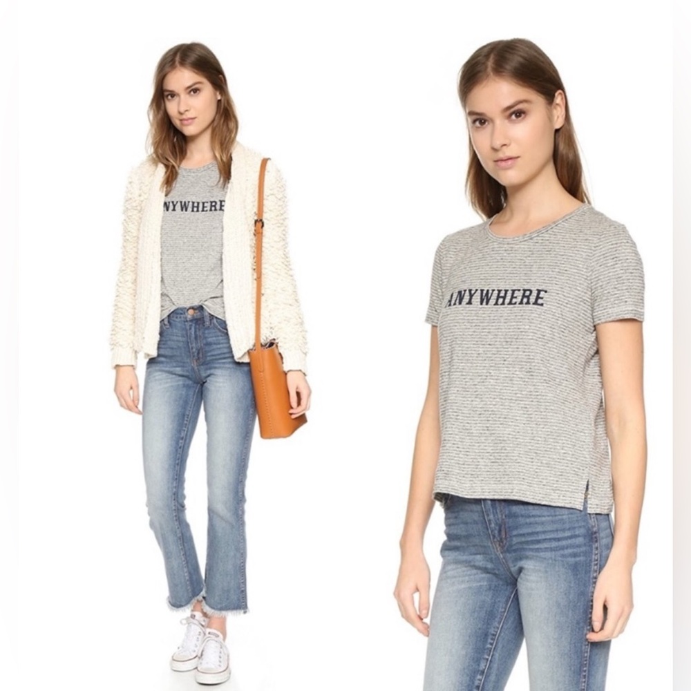 Madewell “Anywhere” Graphic Tee Gray Stripe Navy Lettering Hemp Cotton Blend XS